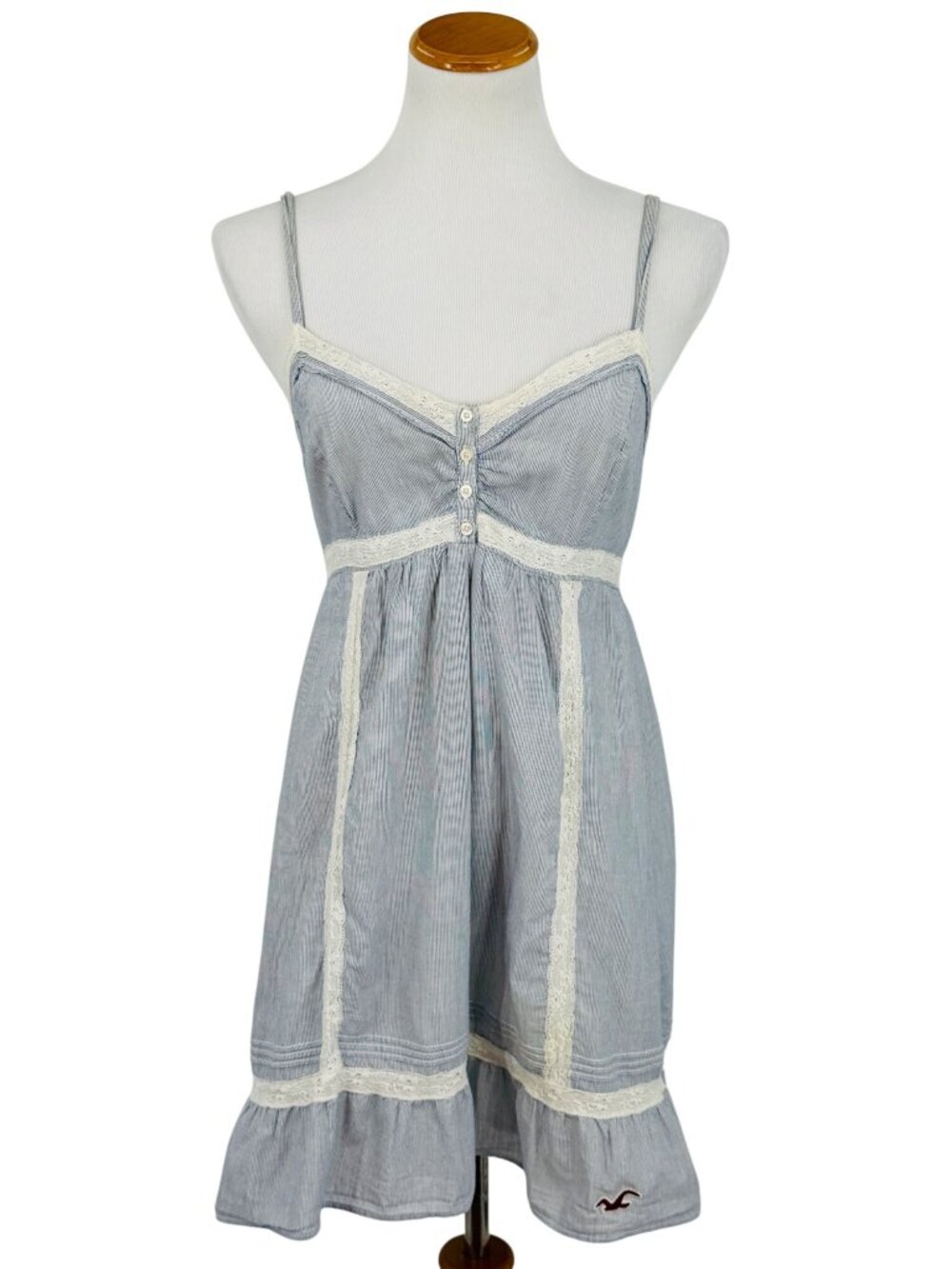 Vintage Hollister Lace Trim Blue White Stripe Babydoll Ruffle Hem Mini Dress L